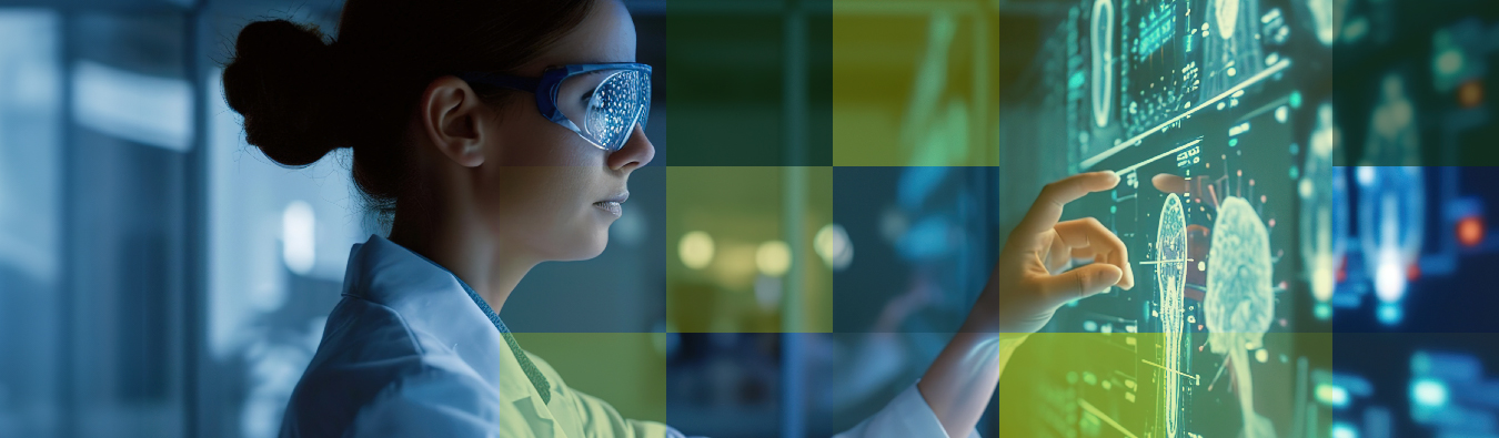 Female scientist wearing protective eyewear interacting with a transparent digital screen displaying anatomical brain and body data, symbolizing innovation in healthcare AI — used for Hogan Lovells case study
